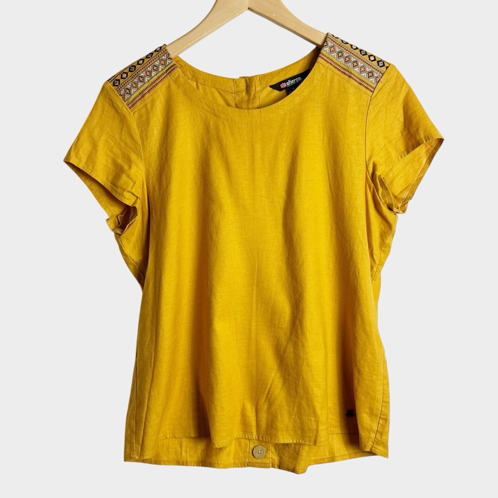 Sherpa Adventure Gear Top Kiran Embroidered Mustard Yellow Hemp Button Small
